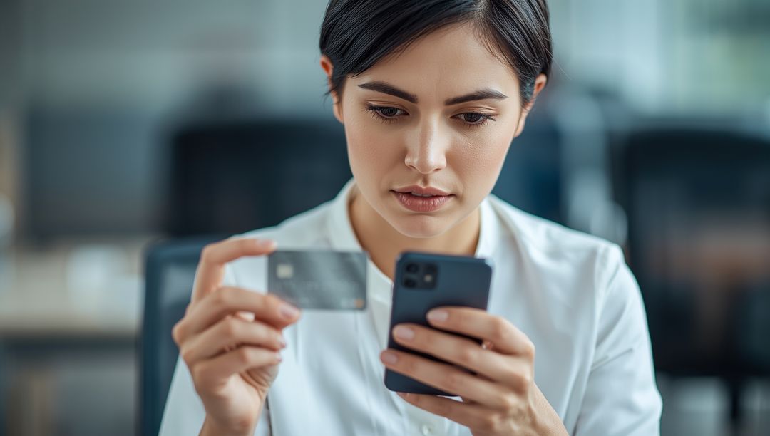 Focused Asian Woman Using Credit Card with Smartphone in Office Workspace