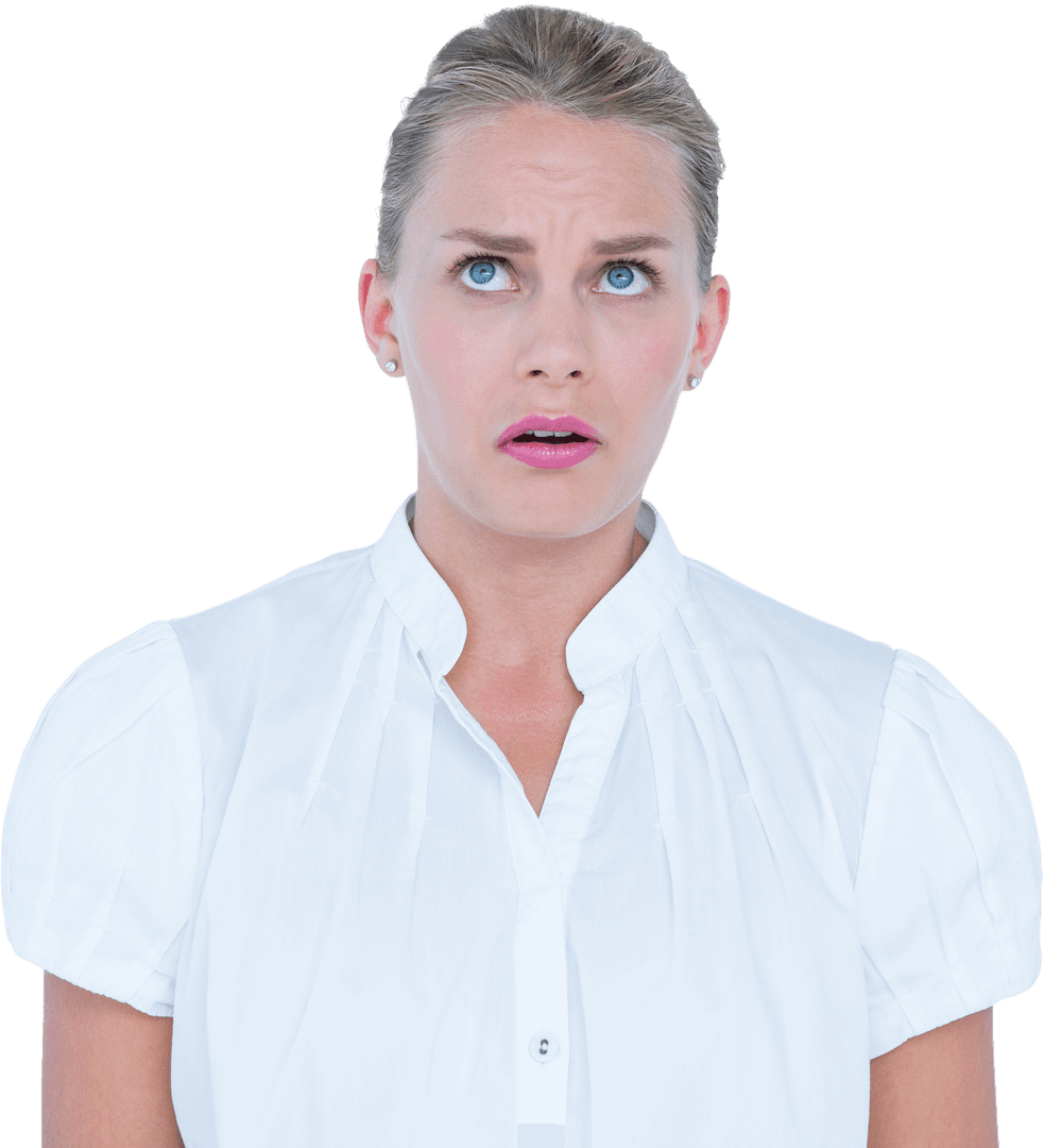 Confused Businesswoman Looking Up Transparent Background