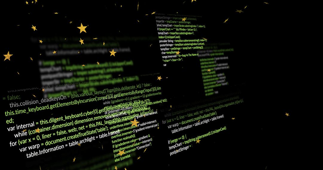 Futuristic neon code panels with green syntax and gold star overlay, abstract depth