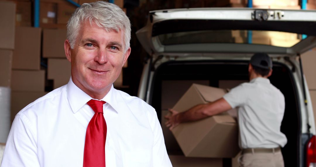 Senior Manager Overseeing Warehouse Packer Loading Van with Boxes - Free Images, Stock Photos and Pictures on Pikwizard.com