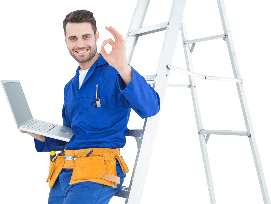 Construction Worker Transparency Laptop OK Gesture Ladder
