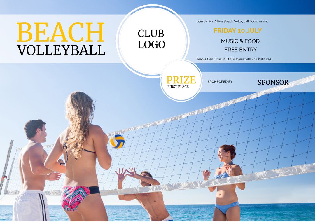 Beach Volleyball Tournament Poster with Young Players Enjoying Game - Download Free Stock Templates Pikwizard.com