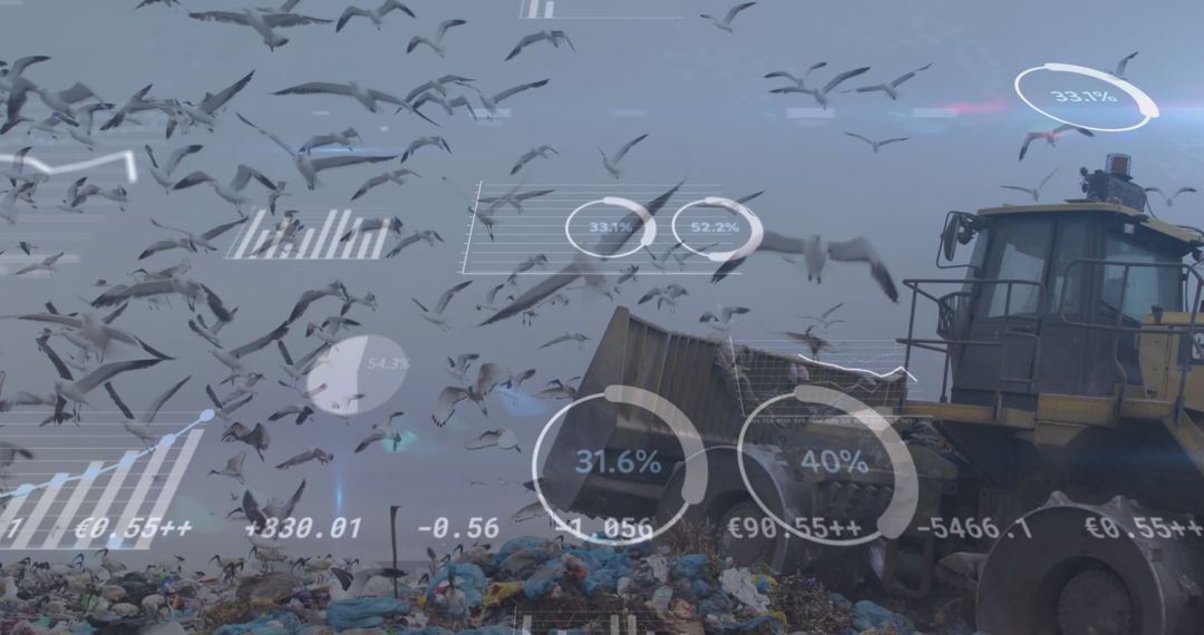 Environmental Impact: Statistics Overlay at Landfill with Seagulls