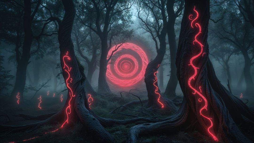 Mysterious demon portal glowing in foggy enchanted forest