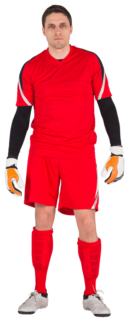 Soccer Goalkeeper in Red Uniform Standing on Transparent Background