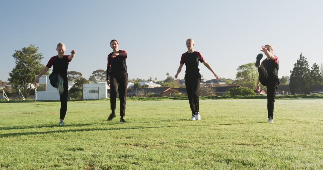 Dance Troupe Synchronizing High Kicks in Outdoor Park Performance