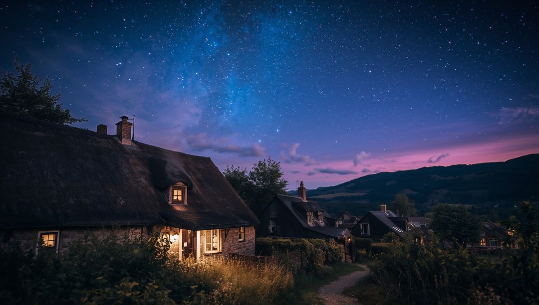Dusk Serenity in Starlit Village With Thatched-Roof Cottages