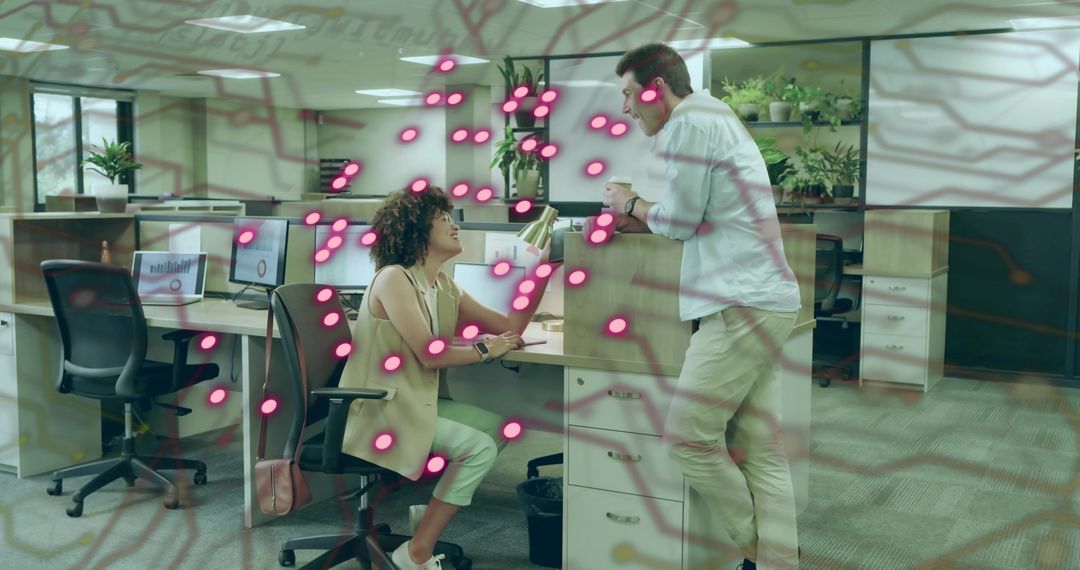 Office Colleagues Interacting in Open Workspace with Digital Overlay