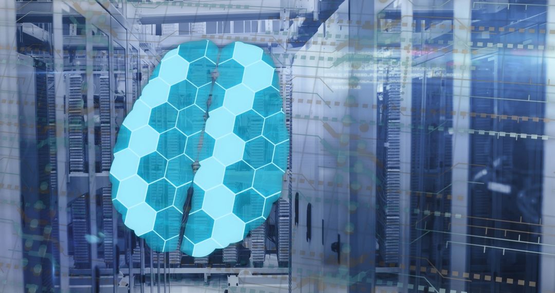 Digital Brain Overlapped with Circuit Board and Servers