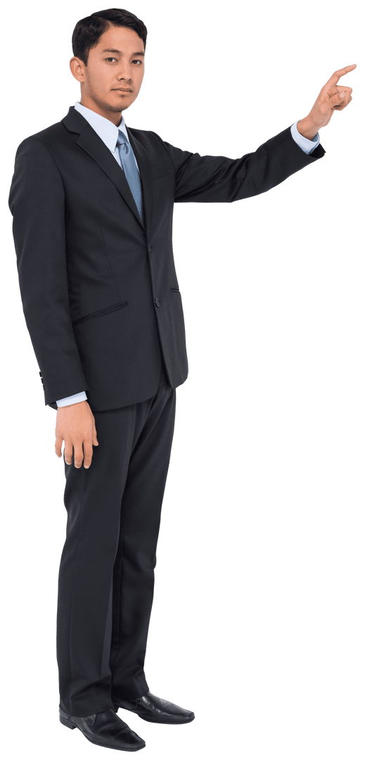 Transparent Businessman in Suit Gesturing Overview
