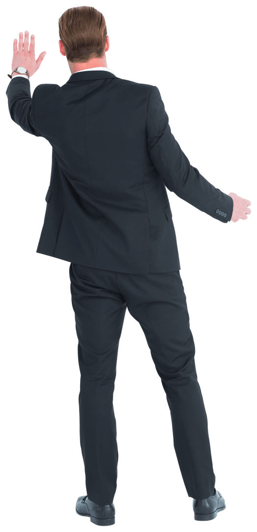 Transparent Rear View Businessman in Suit Gesturing Goodbye