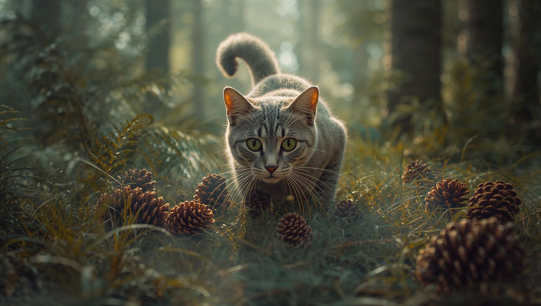Crouching Tabby Cat Stalking Through Sunlit Forest Floor