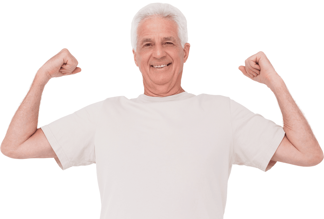 Cheerful Senior Man Flexing Arms Transparent Background