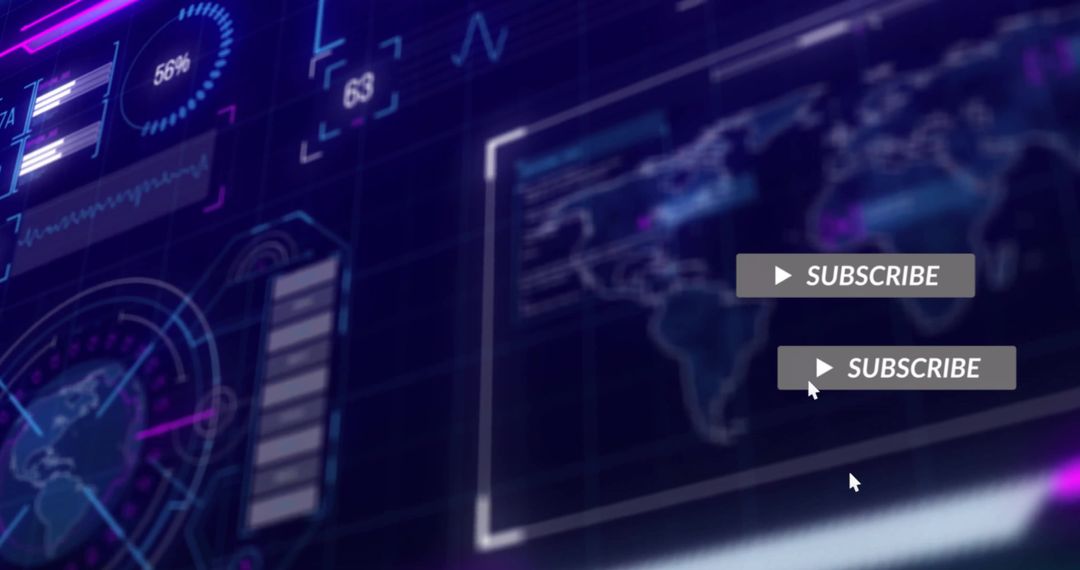 Futuristic Technology Interface with World Map and Subscribe Icons