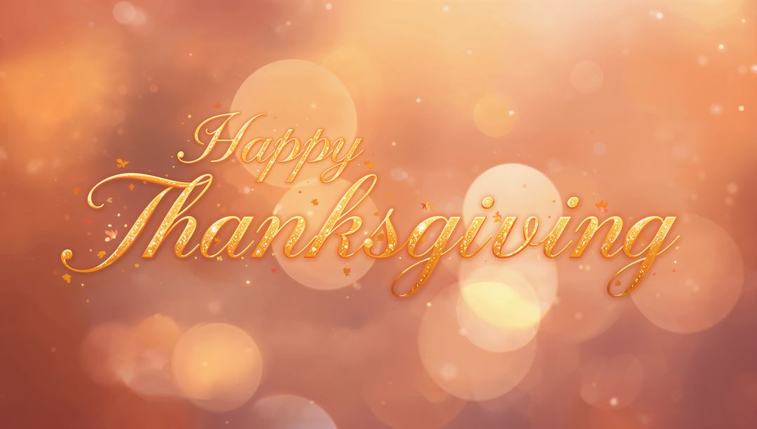 Golden Happy Thanksgiving Script on Warm Autumn Bokeh Background with Leaves and Sparkles