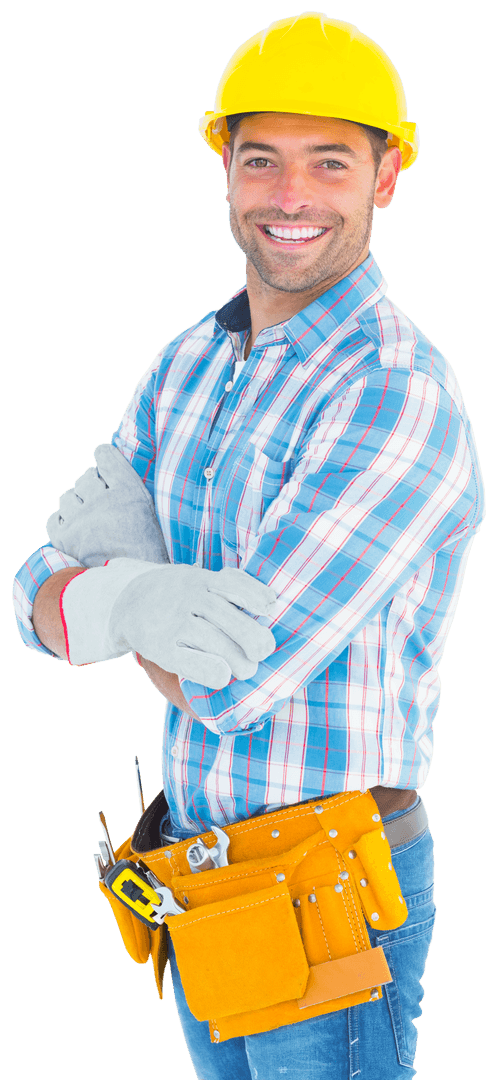 Confident Manual Worker in Yellow Hard Hat on Transparent Background