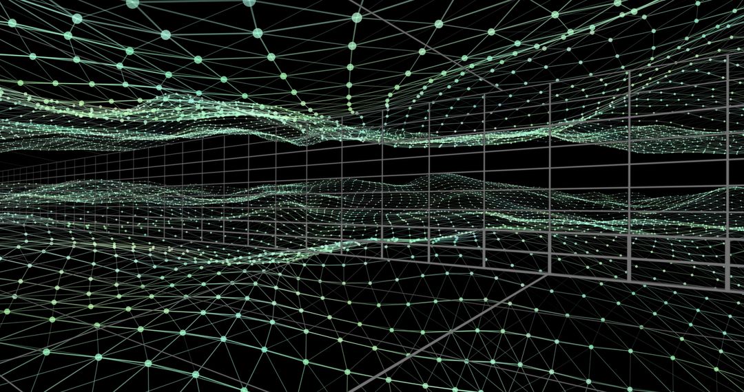 Wireframe Mesh Network with Glowing Nodes in Virtual Space