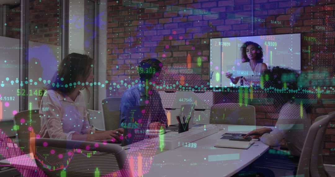 Business Colleagues Video Conferencing with Financial Data Overlay