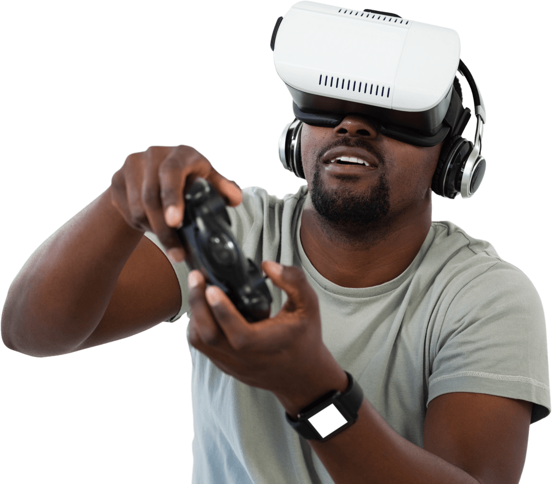 Excited Gamer Using Transparent VR Headset and Game Controller