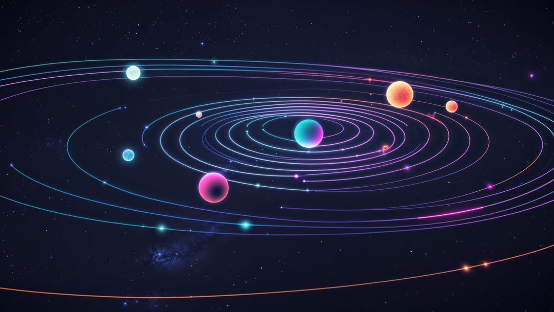 Vibrant Cosmic Planetary System with Neon Rings and Orbits