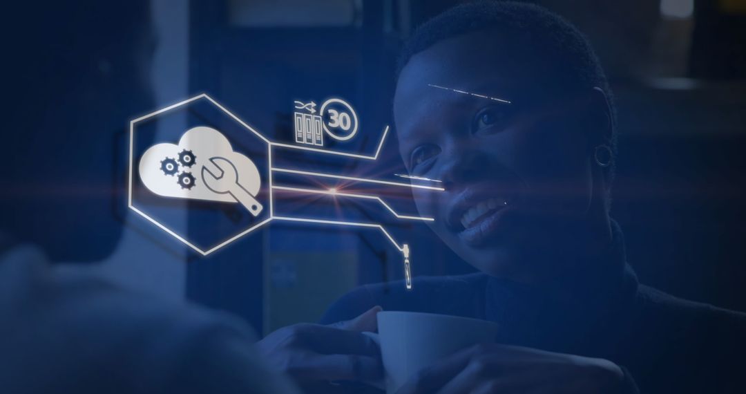 Couple at Cafe with Digital Business Technology Icons