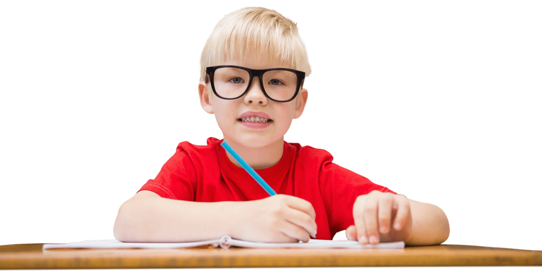 Caucasian Schoolboy Writing with Tablet on Transparent Background
