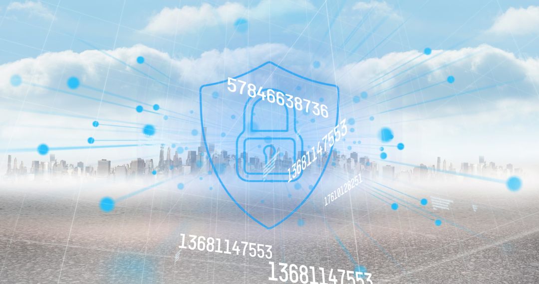 Digital Security Padlock Overlaying Urban Cityscape