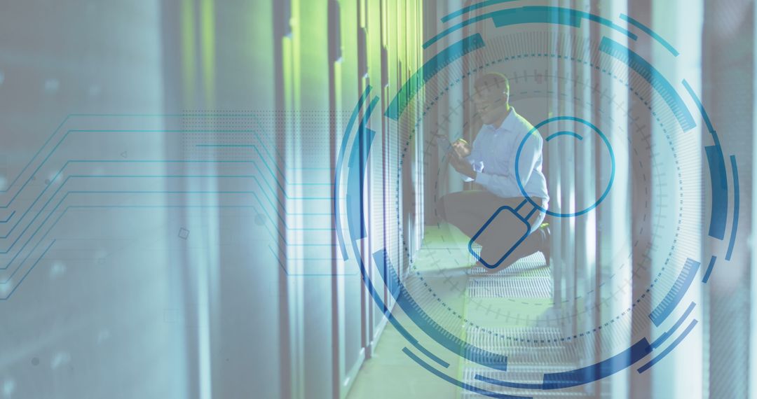 Technician Monitoring Hardware in High-Tech Server Room