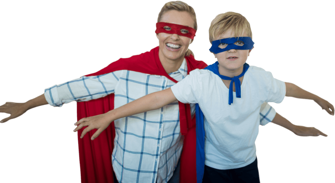 Transparent Mother and Son Pretending to Be Superheroes, Smiling