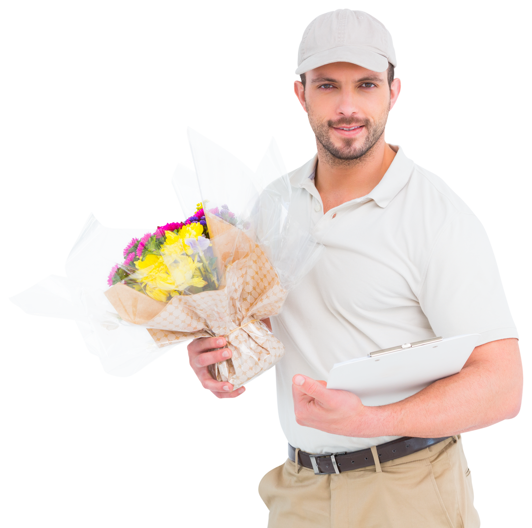 Transparent Flower Delivery Man Holding Clipboard and Flower Bouquet - Download Free Stock Images Pikwizard.com