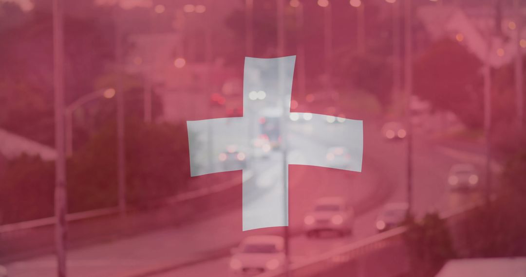 Swiss Flag Overlapping Busy Highway at Dusk with Red Tint