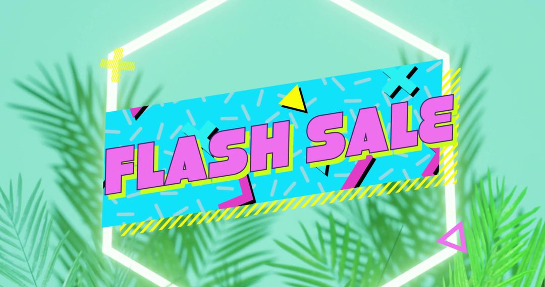 Memphis Retro Flash Sale Banner featuring Neon Hexagon and Tropical Palm Fronds