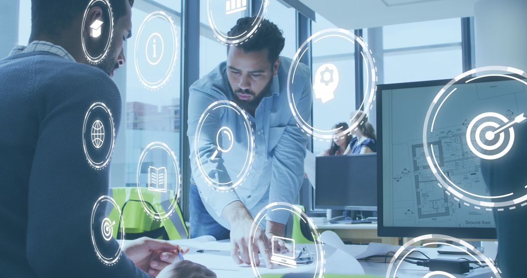 Innovative Architects Collaborating on Modern Blueprints with Digital Interface