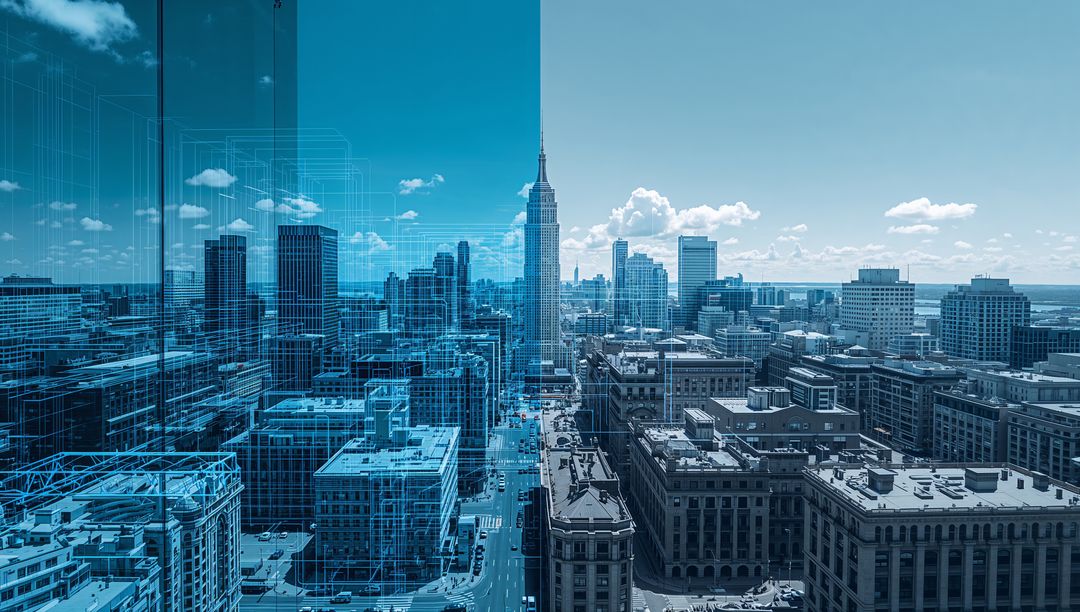 Aerial skyline with central tower and digital blueprint overlay split for urban design and future-pr