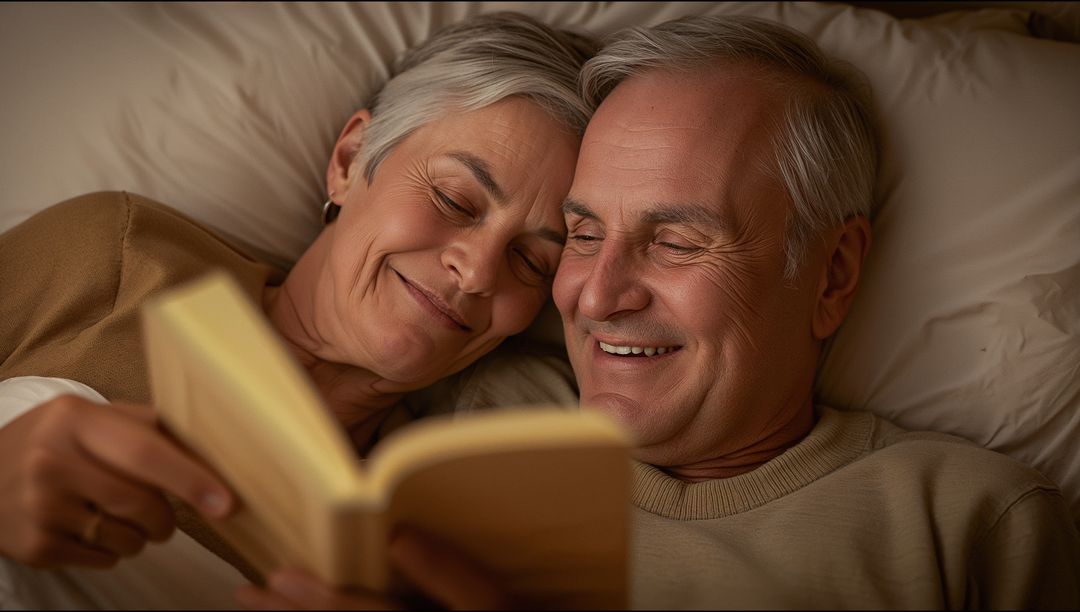 Senior Couple Reading in Bed Sharing Cozy Intimate Evening with Paperback Book
