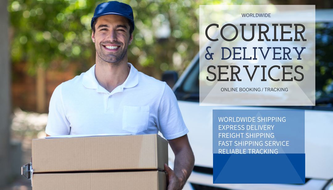 Smiling Delivery Man Holding Packages for Courteous Service Promotion