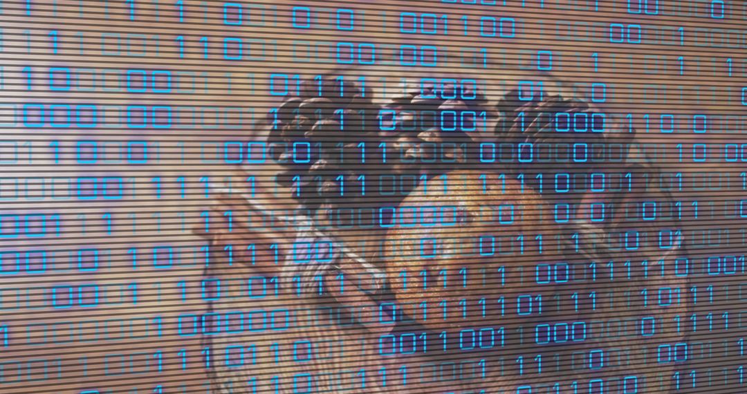 Perching parrot pair displaying warm brown plumage with binary overlay and scanline glitch