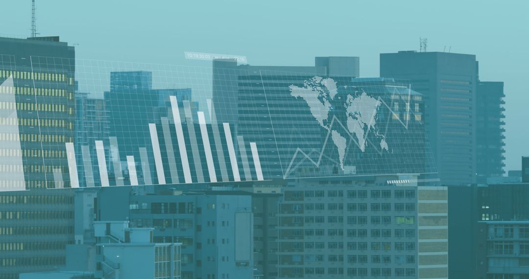 City Skyline with Financial Charts and Global Map Digital Interface