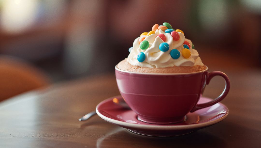 Whipped Cream Topped Coffee with Candies in Cozy Cafe