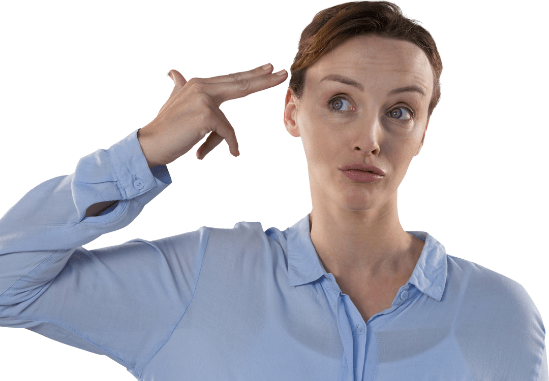 Confused Caucasian Businesswoman on Transparent Background Pulling Imaginative Trigger