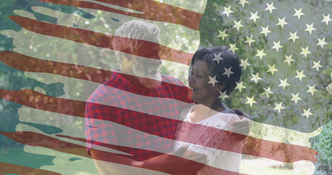 Affectionate Couple Embracing with American Flag Overlay in Garden