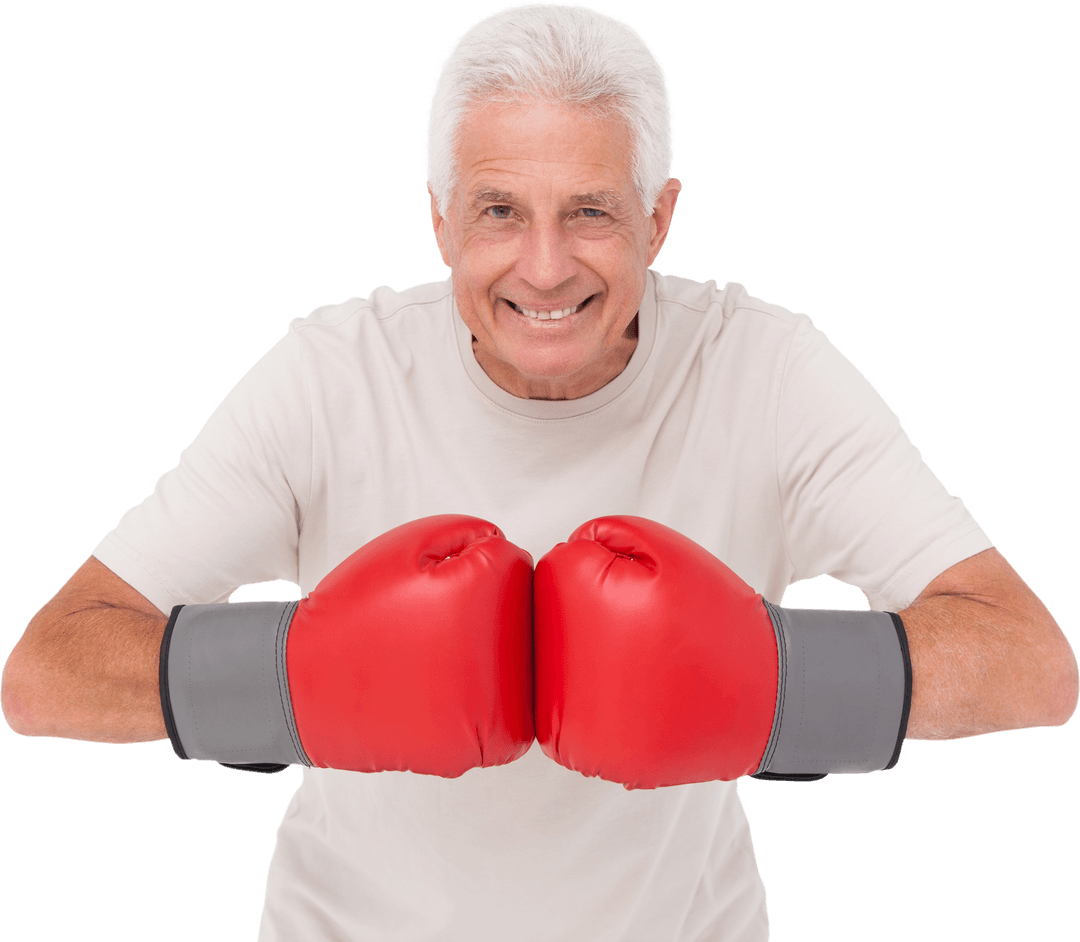 Senior Athlete in Red Boxing Gloves Transparent Background