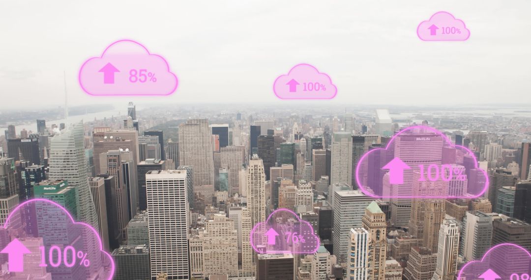 Digital Cloud Icons Overlooking Urban Cityscape