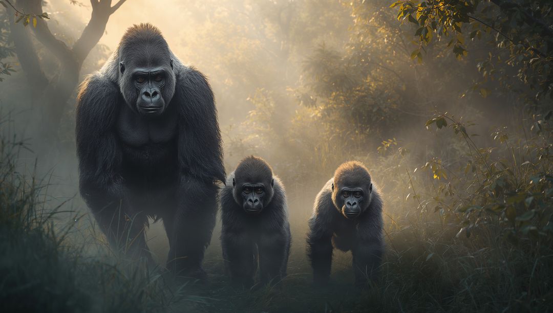 Silverback Gorilla Walking with Two Juveniles on Misty Forest Trail at Sunrise
