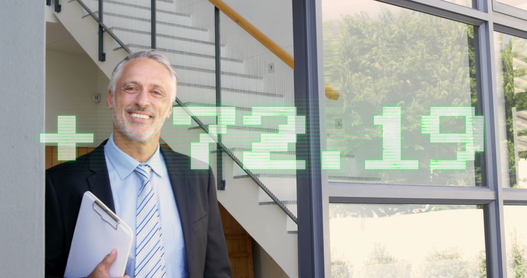 Smiling Businessman Welcoming at Office With Positive Market Data Overlay