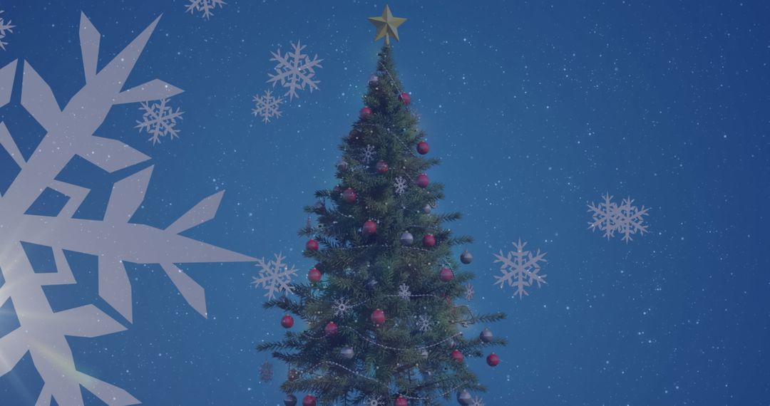Decorated Christmas Tree with Snowflakes on Blue Background