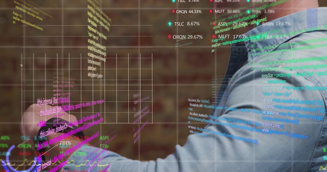 Developer Interacting with Virtual Code Interface on Brick Background