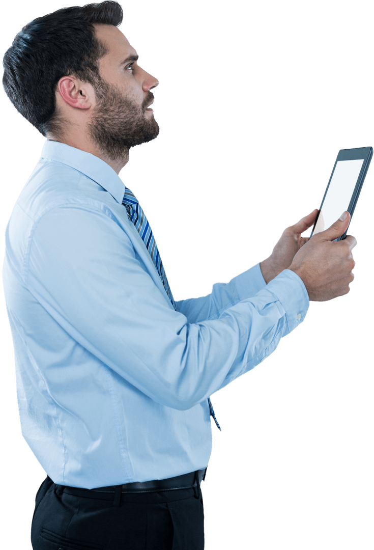 Businessman Holding Tablet with Curious Expression, Isolated Transparent Background