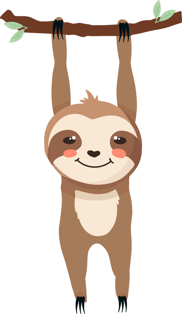 Cheerful Sloth Hanging on Tree Branch Transparent Illustration