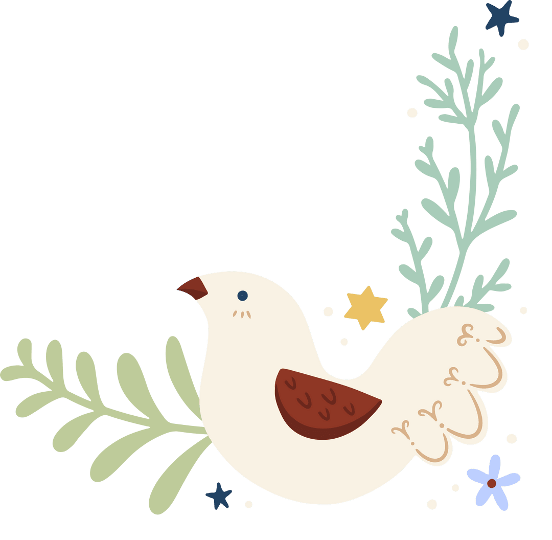 Whimsical Bird with Branches and Stars on Transparent Background